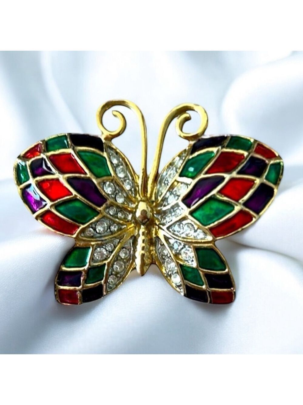 Gold Butterfly Brooch in Red Green and Purple Enamel with Rhinestones